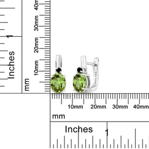 925 Sterling Silver with 2.83 Cttw Peridot and Black Diamond Oval Drop Earrings - Picture 4 of 4